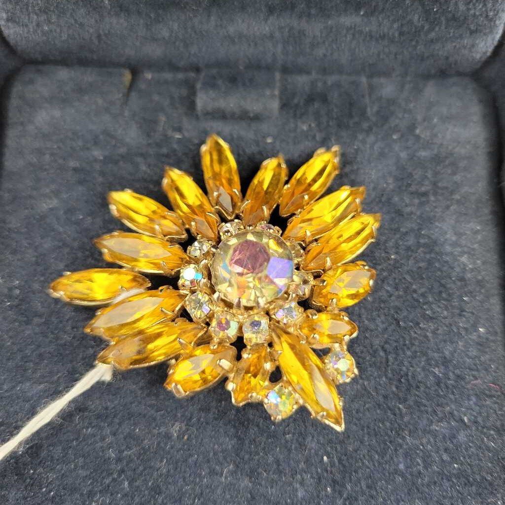 Golden Starburst Rhinestone Brooch - VT #6825