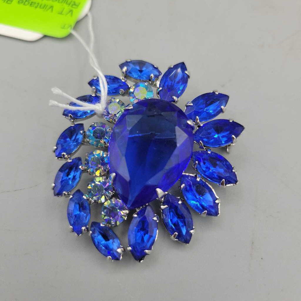 Vintage Blue Rhinestone Brooch - VT #7692