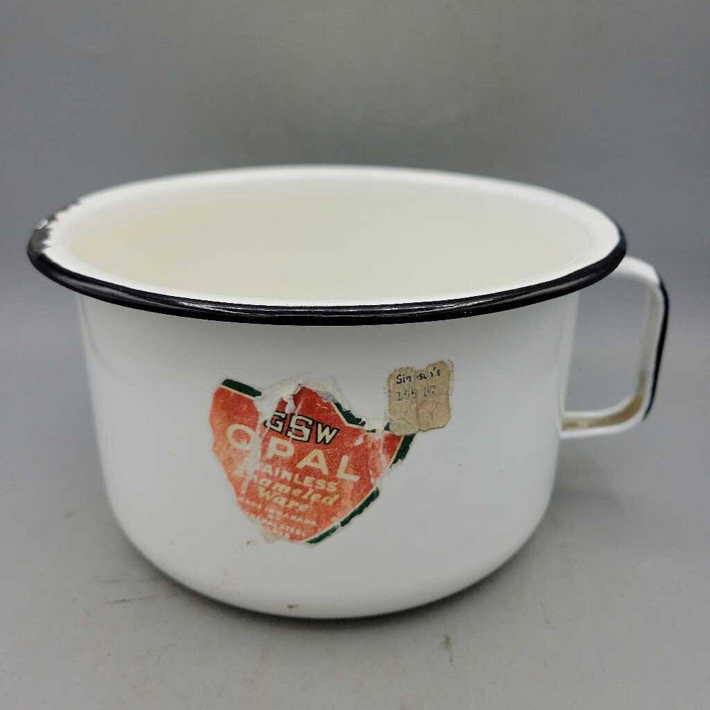 White And Black Enamel Small Pot w/Handle (YVO) (308)