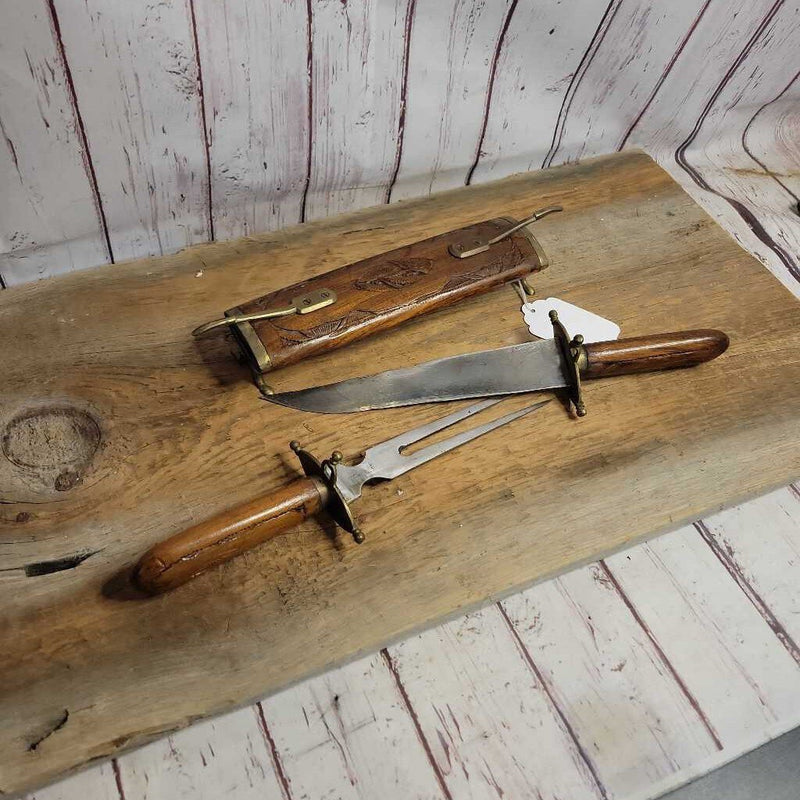 Vintage Hand Carved Sheathed Knife and Fork (GEC)