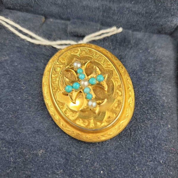 Antique Gold Filled, Turquoise & Pearl Brooch - VT #8138