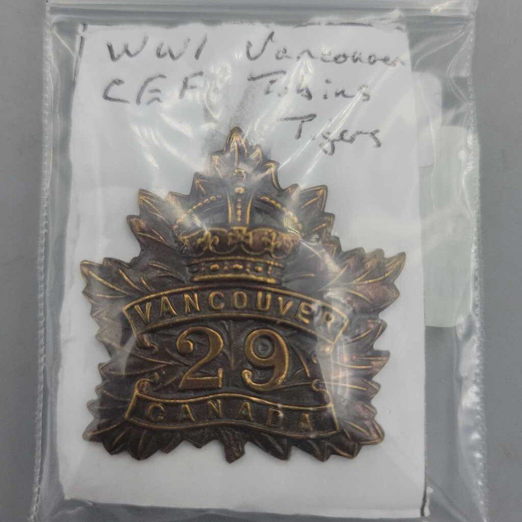 29 C.E.F. Vancouver Tobin's Tigers WW1 Badge (JL)