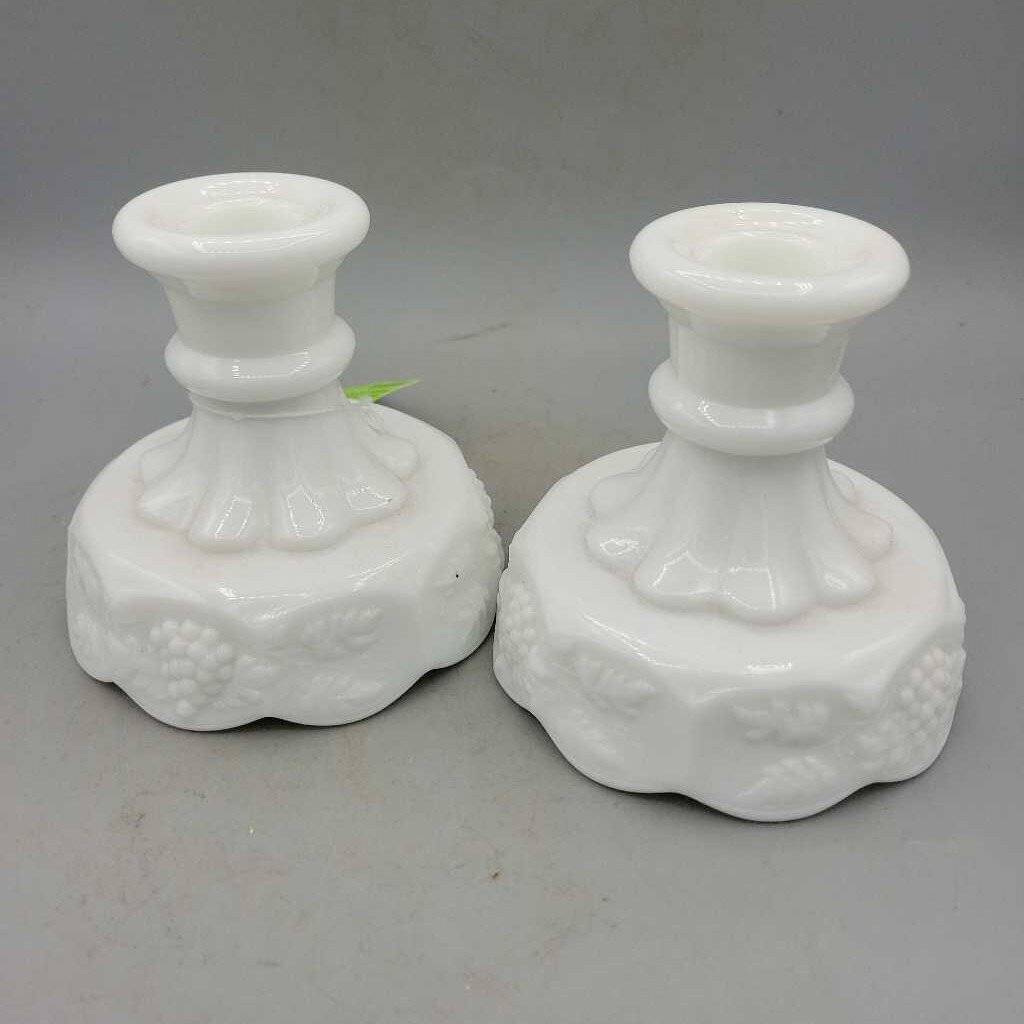 Milk Glass grape Paneled Candle holders RHA)